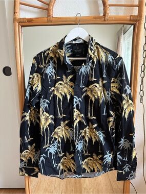 Scotch & Soda Black Button-Down Shirt with Gold & Light Blue Palm Print